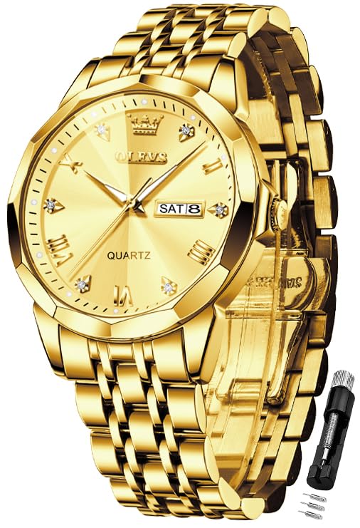 

OLEVS Стильные кварцевые простые из нержавеющей стали с датой и люминесцентными стрелками мужские часы, Водонепроницаемые, Дизайн, Циферблат с имитацией бриллиантов, Ремешок, Отображение, (Золото)