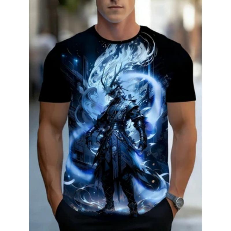 3D printed men s black short-sleeved T-shirt, fantasy warrior theme suitable for summer casual wear S
