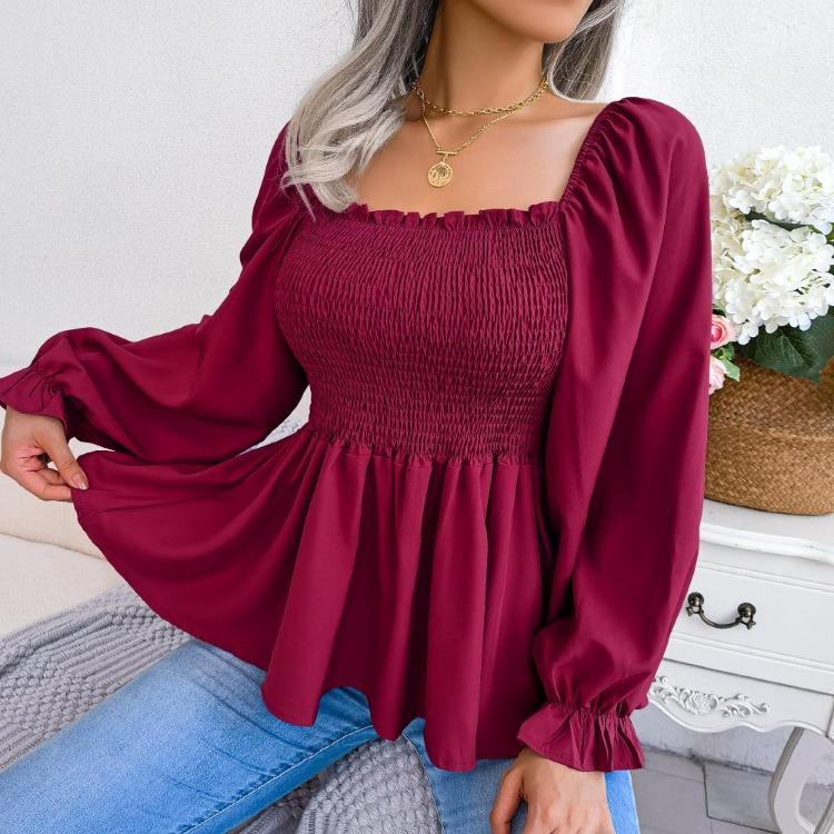 Summer Women Chiffon Shirt Long Sleeve Square Neck Solid Color Tops with Wooden Ears