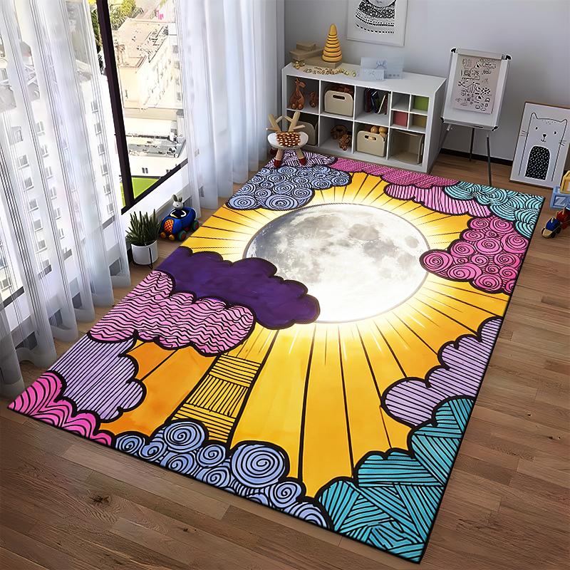 Colorful Moon Design Carpet with Vibrant Clouds and Sun Rays Pattern Suitable for Use As an Anti-slip for Living Room Bedroom Sofas
