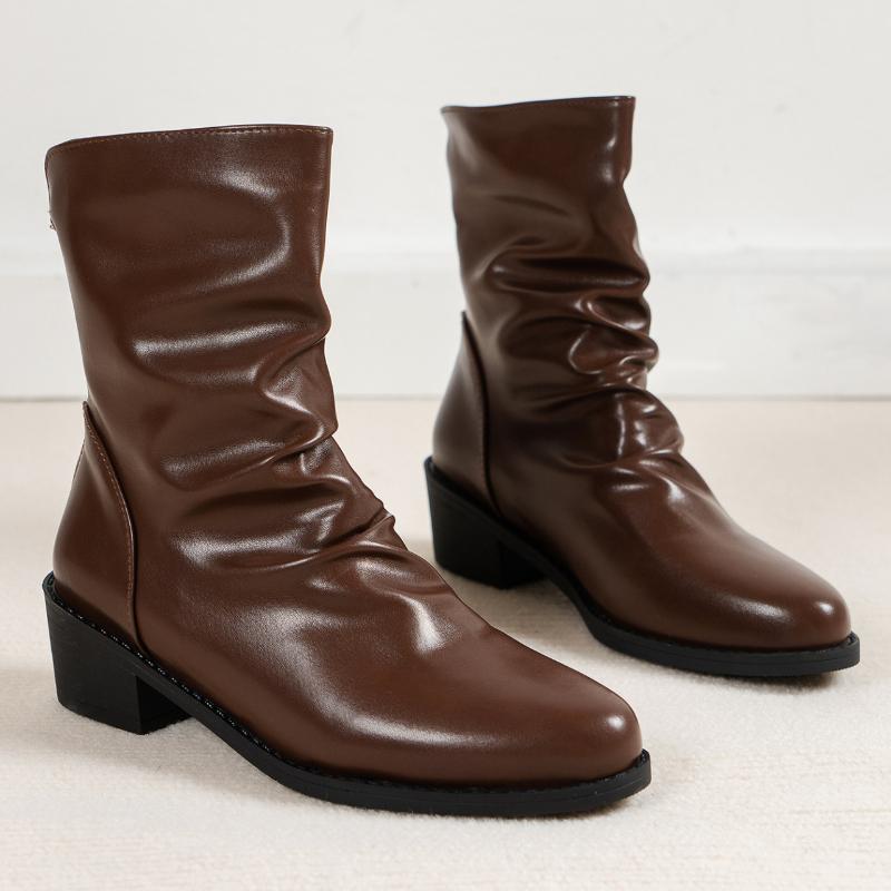 European And American Pleated Ankle Boots  Autumn New Item Solid Color Back Zipper Short Leg Women'S Boots Big Size Platform