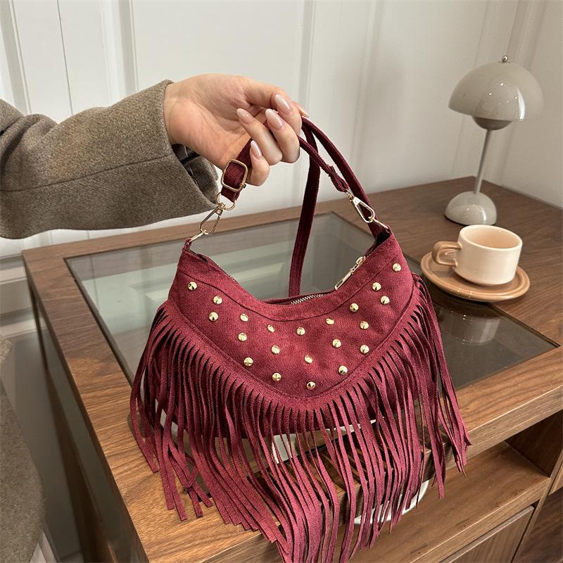 Suede Rivet Tassel Dumpling Bag - Autumn/Winter 2025 Boho One-Shoulder Crossbody