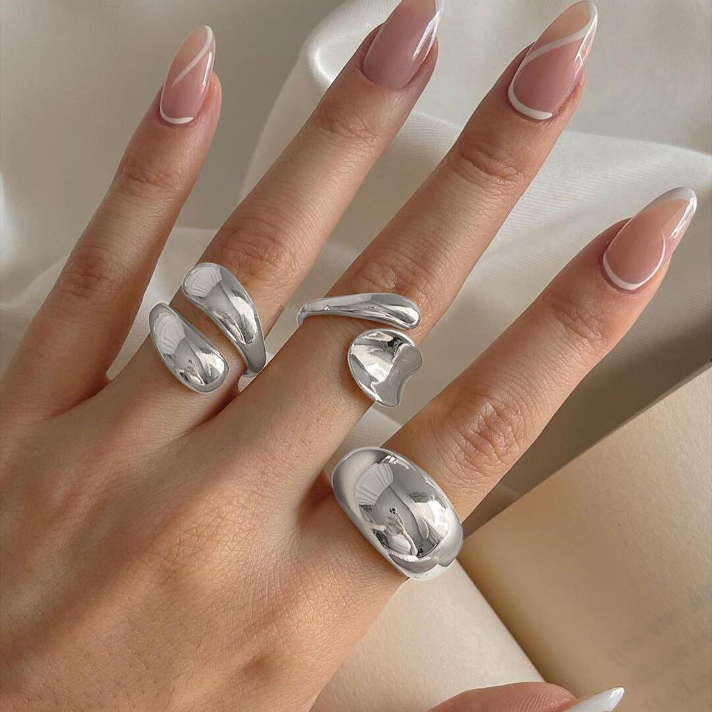 5pcs/Set Chunky Geometric Asymmetrical Stacked Metal Open Rings Set Smooth Exaggerated Cocktail Ring For Women Party Jewelry New