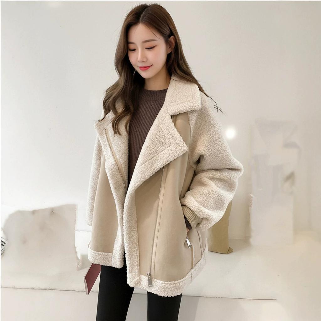 Winter new fashion loose fur integrated suede jacket women's short lamb wool motorcycle jacket