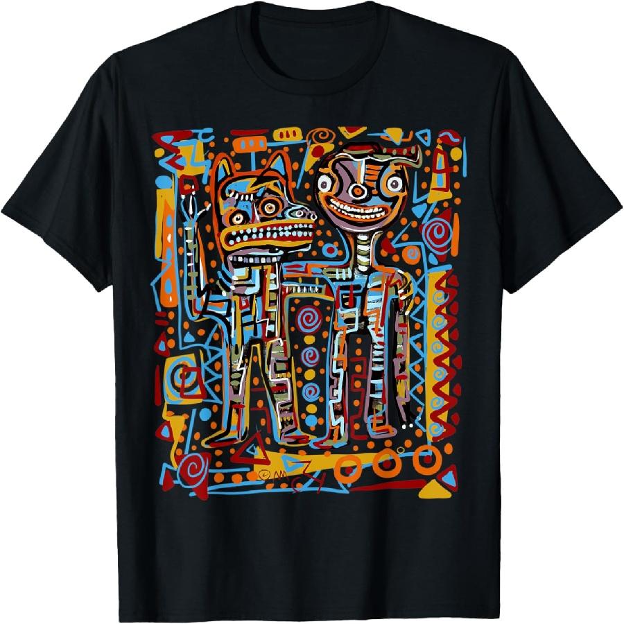 Folk Art Man Dog Tribal Outsider Art Abstract Graffiti T-Shirt S