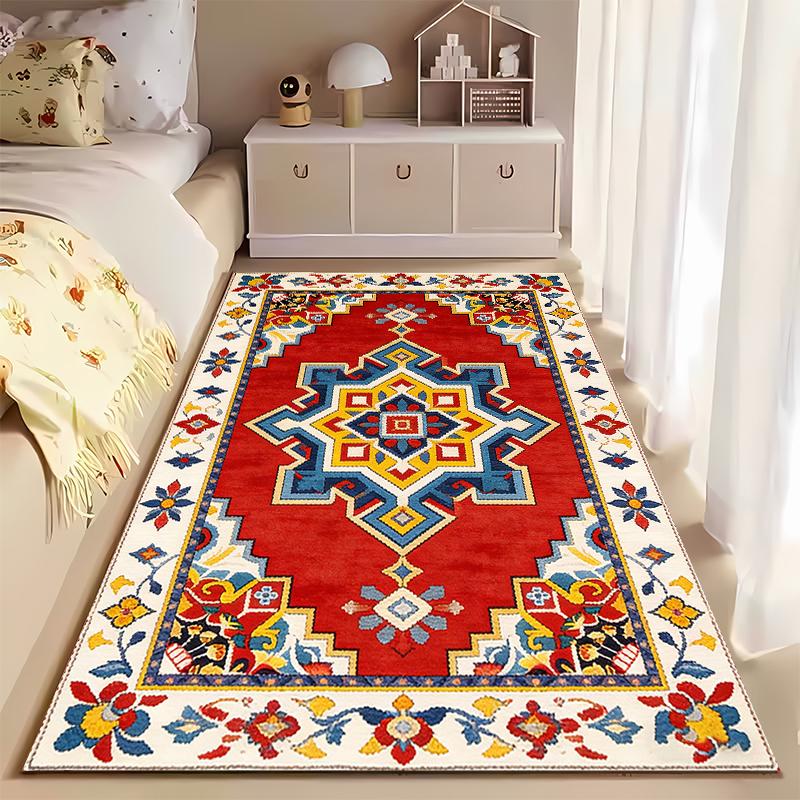 Geometric Pattern Red Carpet with Floral Border for Home Decor Suitable for Use As an Anti-slip for Living Room Bedroom Sofas