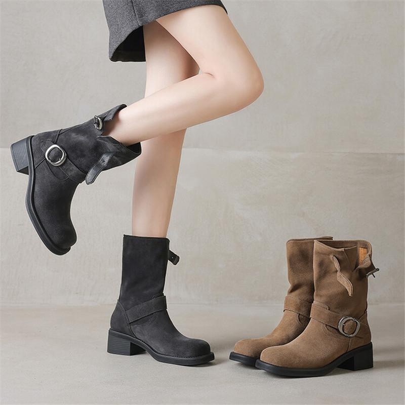 Fashion New Autumn Winter Cow Suede Women Boot Fashion Buckle Square Toe Mid-calf Boots for Women Thick Heel Work Boots Zapatos Mujer