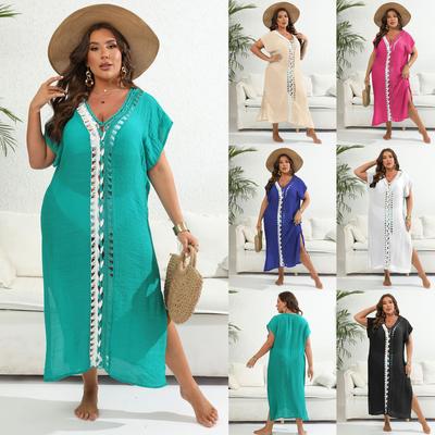 Strandkläder i stor storlek för kvinnor 2024 Nya Långa Klänningar Vit Patchwork Solklänning Grön Slits Stor Cover Up Rosa Streetwear Ytterplagg