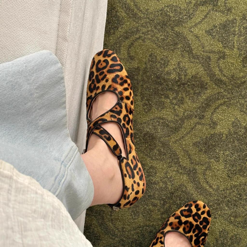 Sheepskin Version~ Genuine Leather Horsehair Niche Soft-sided Ballet Shoes Flat Cross-strap Leopard Print Mary Jane Single Shoes