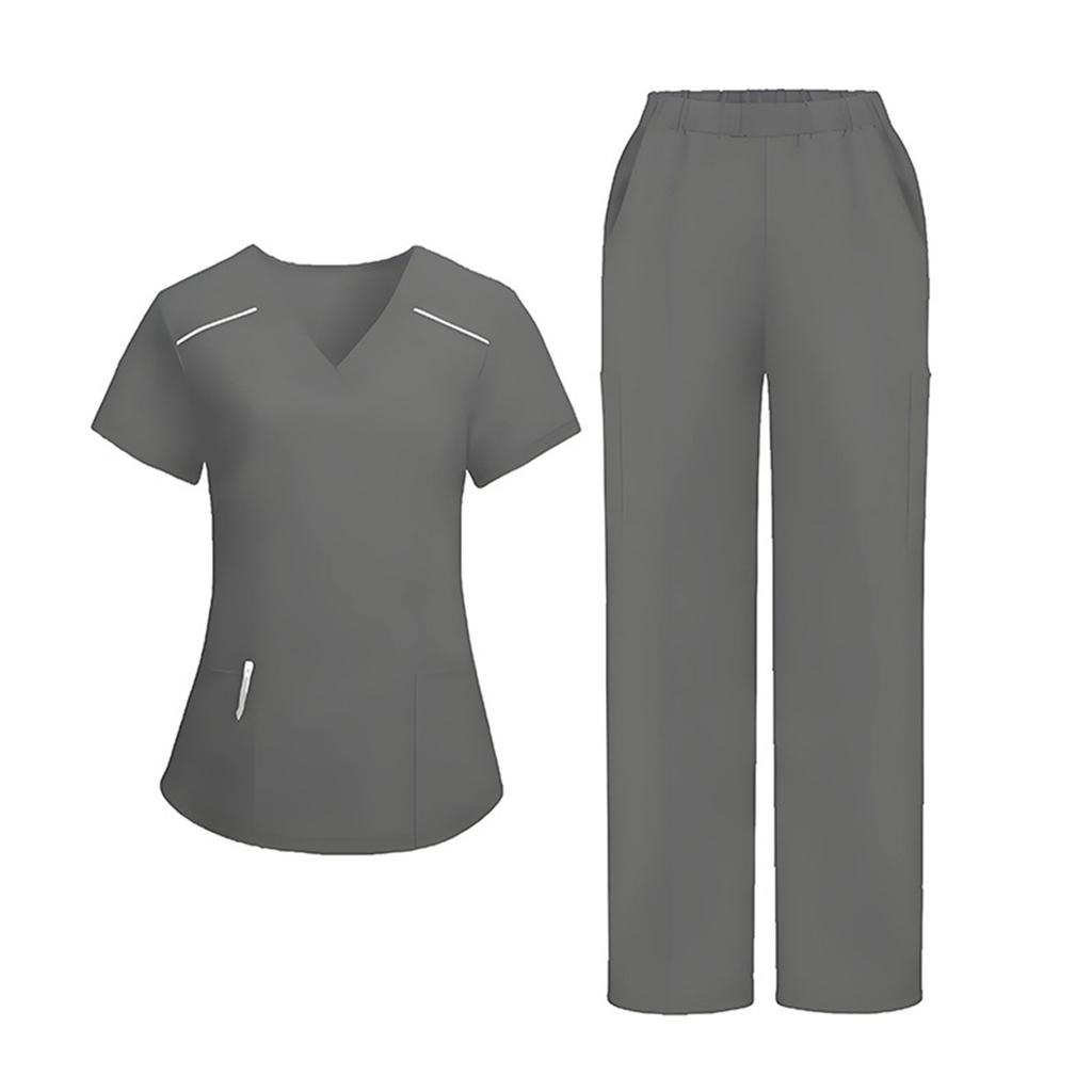 Ladies' Loose And Comfortable V-neck Short Sleeved Workwear With Multiple Pockets Suit Set