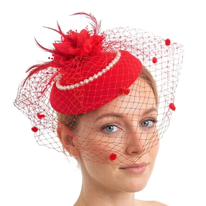 Bridal Fascinator Hat for Brides with Mesh Net Feather Accent Mini Headpiece for Wedding Tea Party Formal Wear
