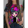 Camiseta Vibrante de Menina Cartoon para Mulheres - Gráfico Colorido Floral e Espiral, Design de Estampa Artística Ousada para Uso Casual Diário