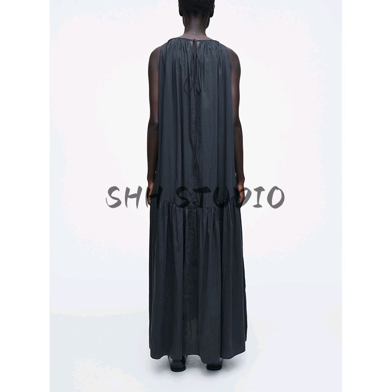 Spring New Women's Clothing Round Neck Sleeveless High Waist A- Line Casual Version Pleated Long Dress 1266203