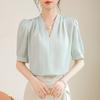 Elegant V-Neck Satin Blouse Women Lightweight Acetate Chiffon Shirt Slim Fit Office Wear 2026