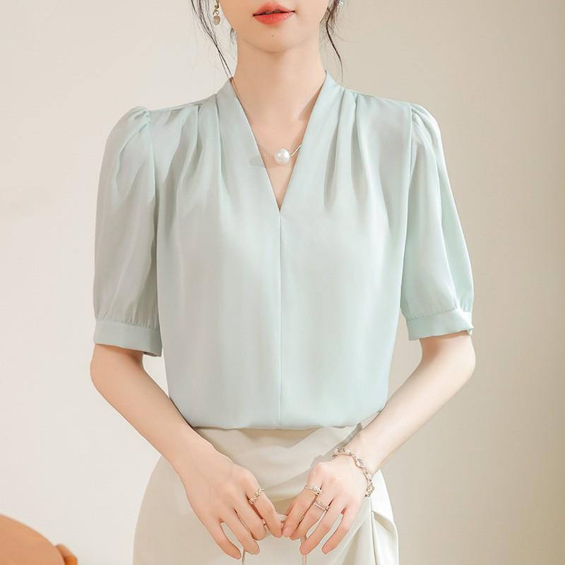 Elegant V-Neck Satin Blouse Women Lightweight Acetate Chiffon Shirt Slim Fit Office Wear 2026
