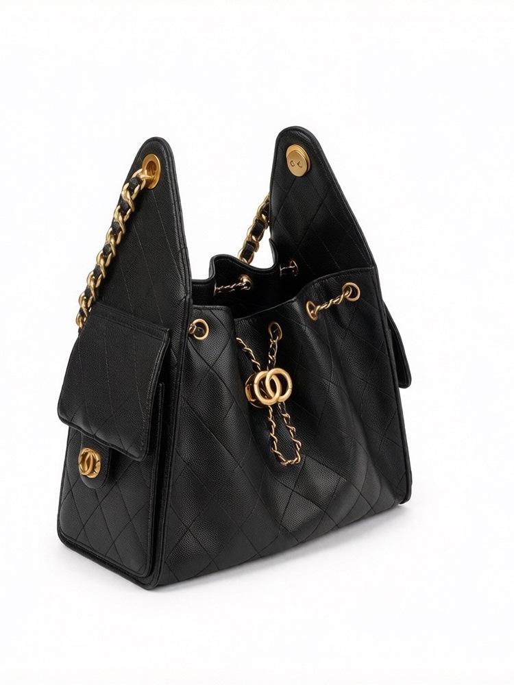 Caviar Hobo Drawstring Bucket Bag: Quilted Chain Shoulder Light Luxury Coco Style Suede
