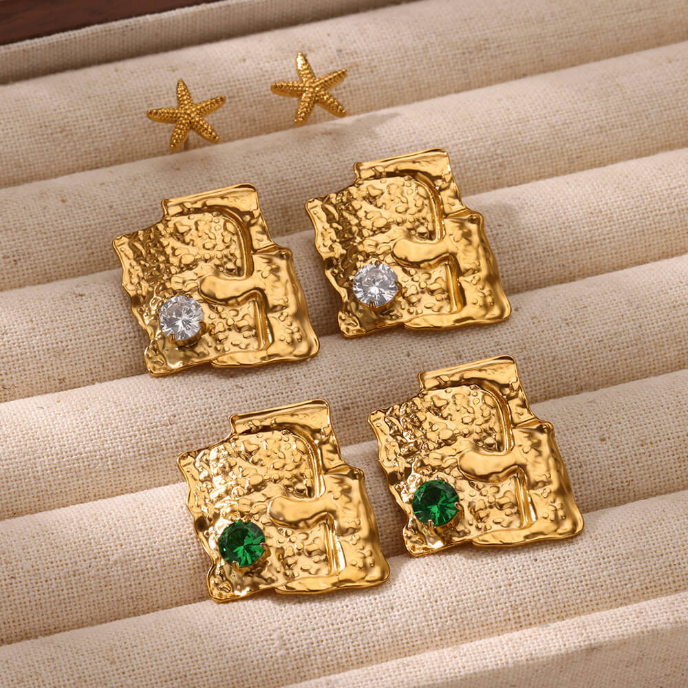 Zircon Irregular Texture Stud Earrings For Women Gold Color Hip Hop Stainless Steel Earring Wedding Christmas Jewelry Gift