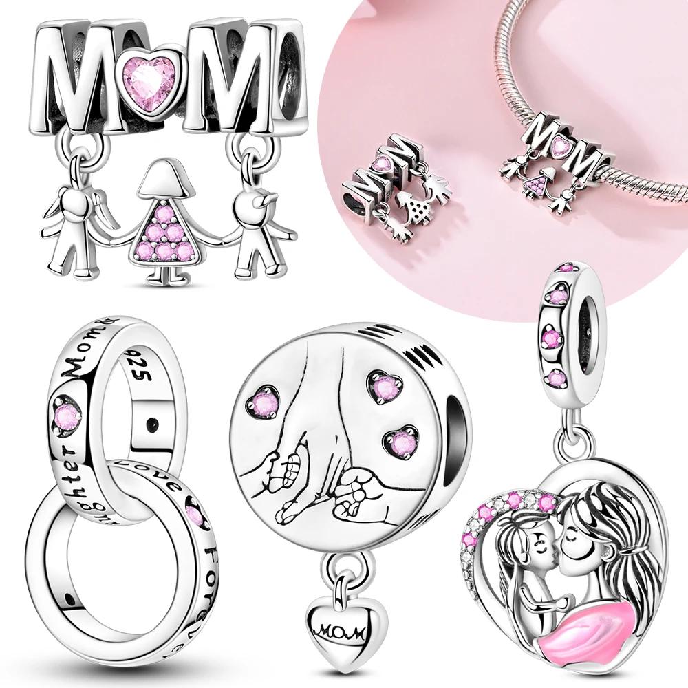 Authentic Mothers Day Pink Heart Mom Charm Bead Charms Compatible With Copper Bracelets Women Jewellery Diy Fine Material Making Up