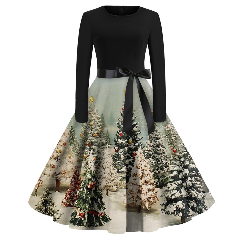 Women's Fashion Round Casual Slim Fit Christmas Print Large Swing Long Sleeve Dress