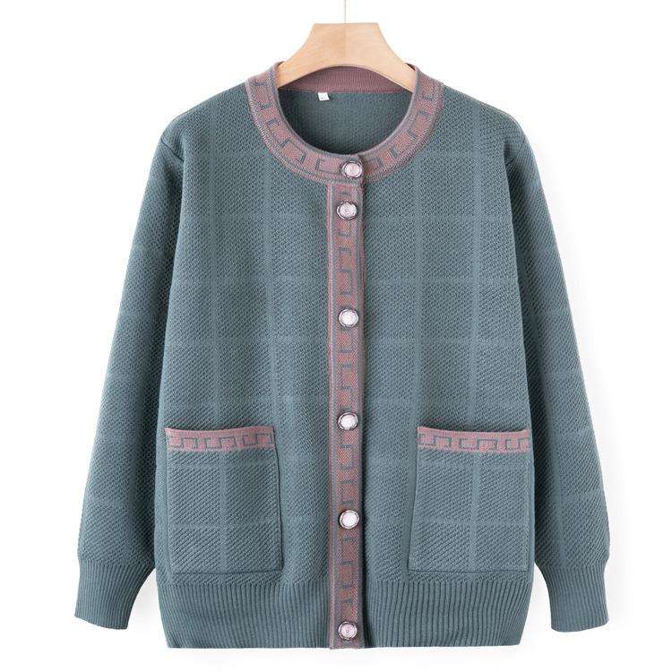 

Трикотаж для среднего и пожилого возраста Осеннее пальто Женское Пожилая бабушка Весенне-осенний кардиган свитер Круглый вырез Пальто для мамы 4XL зелёный