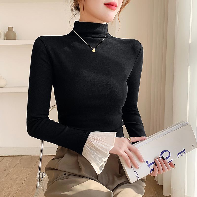 

Женский трикотажный топ с рукавами-рюшами, облегающего кроя - Осень/Зима XXL (125-136 lbs) чёрный