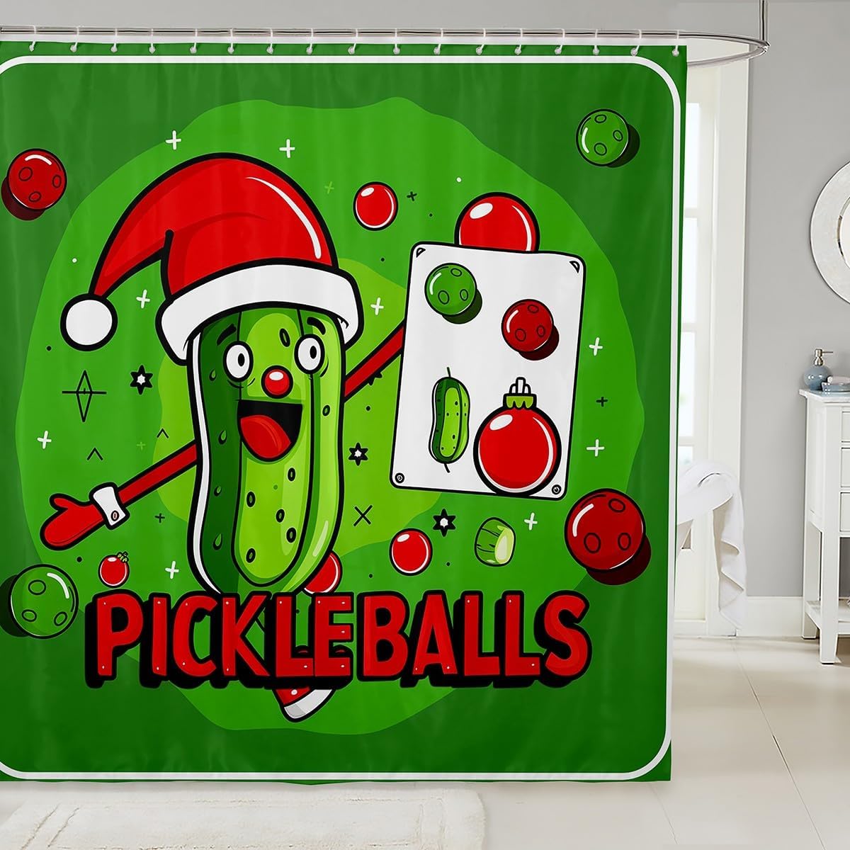 

Pickleball Christmas Ornament Shower Curtain For Pickle Lovers, Waterproof Bathroom Decor With Unique Holiday Gift Design W60H190(CM)-1 Pcs