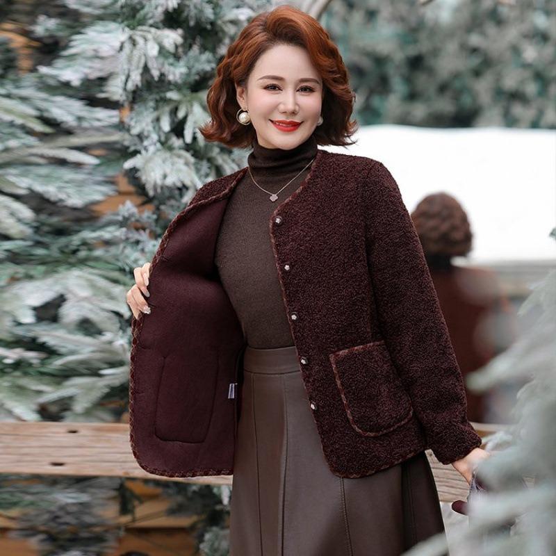Women's winter thermal round neck granular fleece jacket short versatile top women's