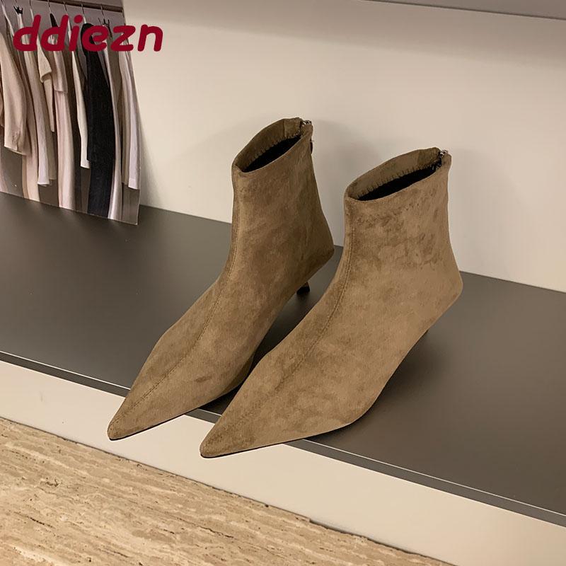 Fashion Pointed Toe Footwear Low Heel Ladies Ankle Modern Boots Female Zippers Fashion Flock Women Short Boots Pumps Shoes