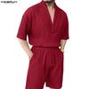 INCERUN Summer Two Pieces  Men V Neck Texture Short Sleeve Tops and Shorts Clothing Sets