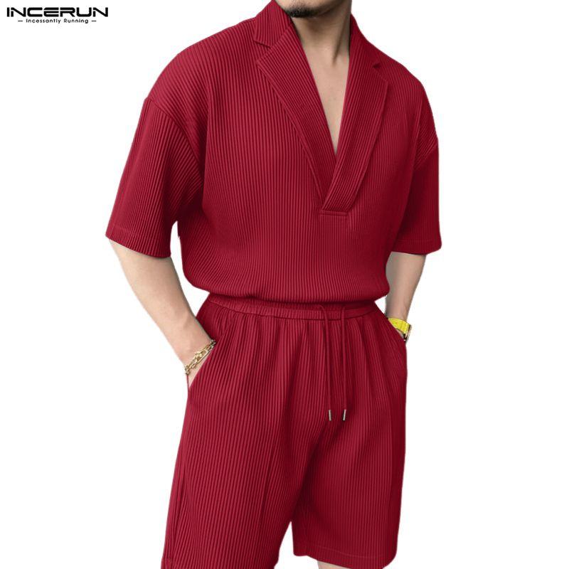 INCERUN Summer Two Pieces Men V Neck Texture Short Sleeve Tops and Shorts Clothing Sets