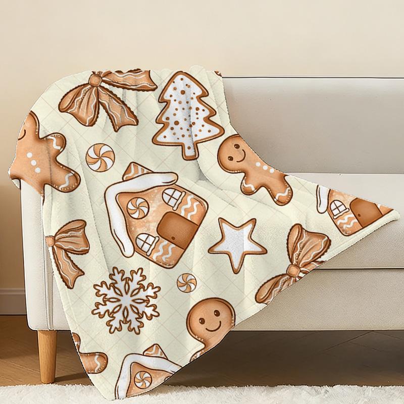 Thick Warm Flannel Blanket – Cute Gingerbread Man Design, Soft Cozy Christmas Throw, Single Size for Home Winter Naps & Guest Room Use