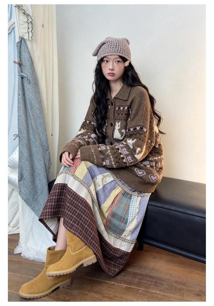 Korean Retro Cat Jacquard Sweater Cardigan - Autumn/Winter Loose Knitwear for Women