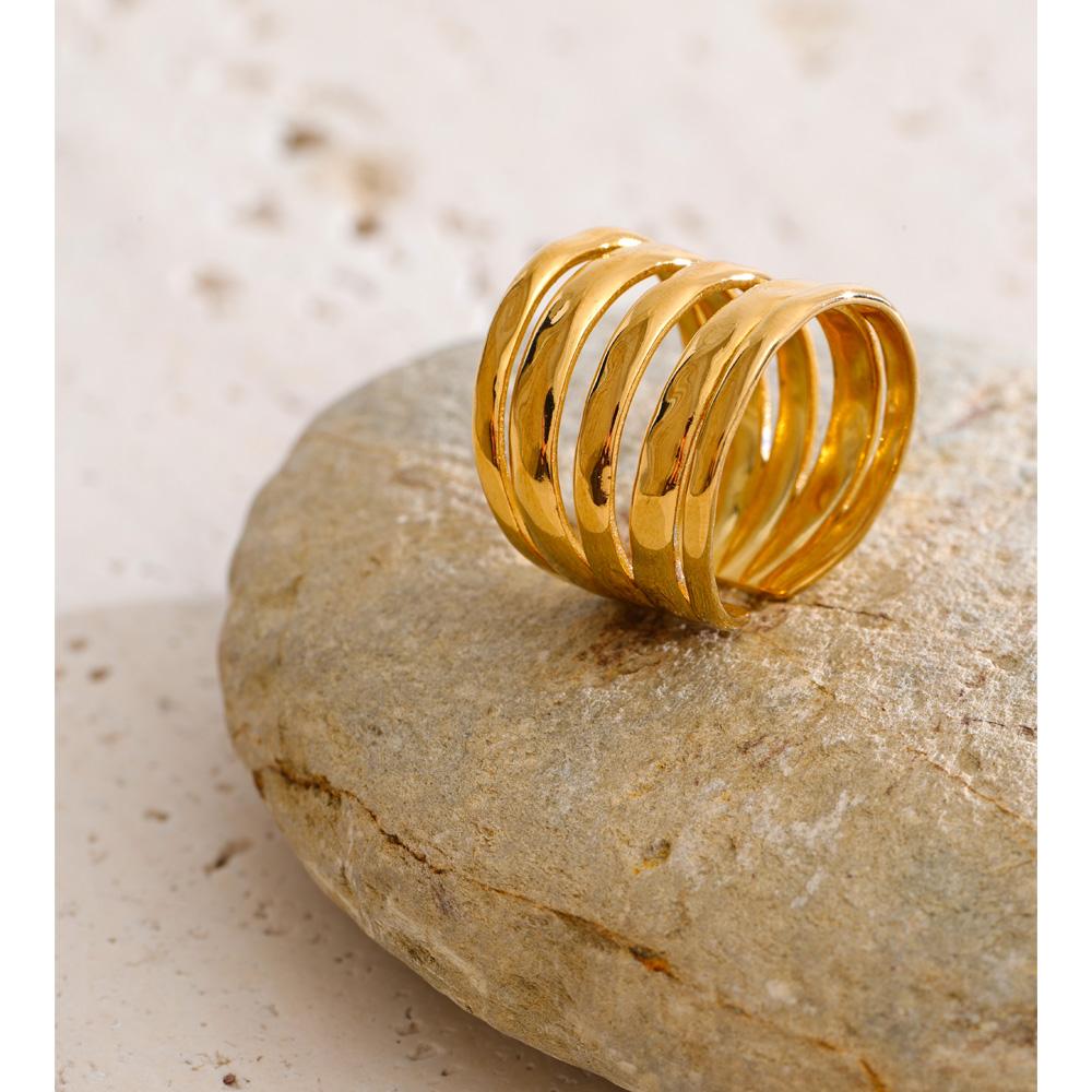 Yhpup Size 7.5 Stainless Steel Layered Wide Open Ring 18K Gold Color PVD Plated Geometric Charm Finger Fashion Jewelry Wholesale