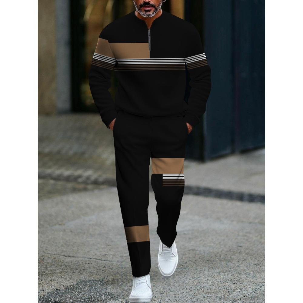 Spring Autumn 3D Printed Fashion Cool Men's Long-Sleeved Sets Half-Zipper Stand-Up Collar Men's Casual Sportswear Two-Piece Set