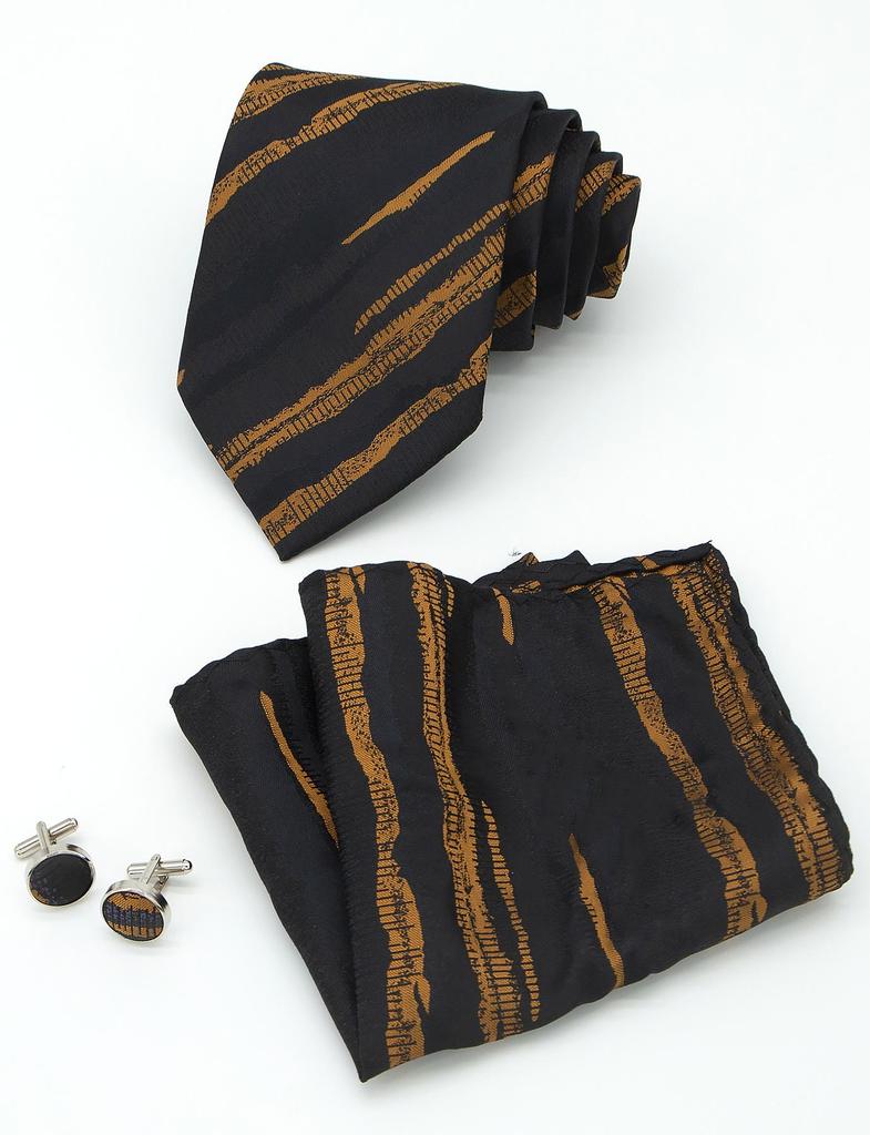 Gestreiftes Krawatten-, Einstecktuch- und Manschettenknöpfe-Set - Business Formal, 8,5 cm breit, Anzugzubehör