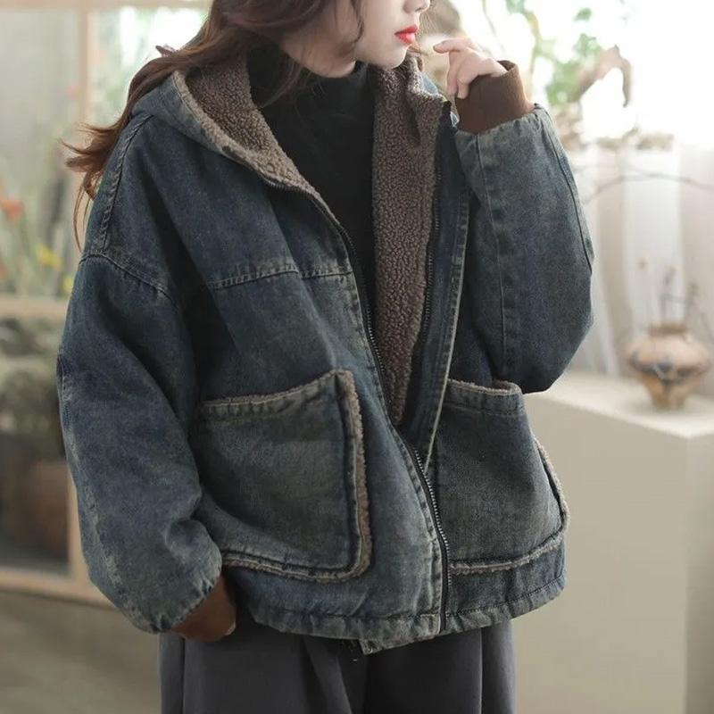Kabát pro ženy Bavlna Zesílený Plyšový Podzim Zima Rukáv Oversize Ležérní Zip Návrat do minulosti Džínová bunda