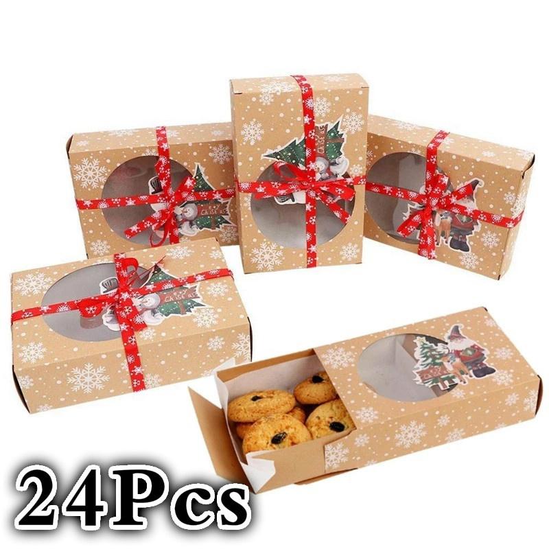 24 Stück/Packung Weihnachten Europäischer Neuer Stil Kraftpapierbox Weihnachtsfenster Kekse Verpackungsbox Kraftpapier Große Geschenkbox