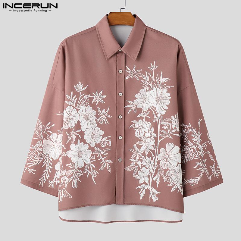 INCERUN Pánské košile s volným límcem, 3/4 rukávy, knoflíky, květinovým potiskem a volným časem