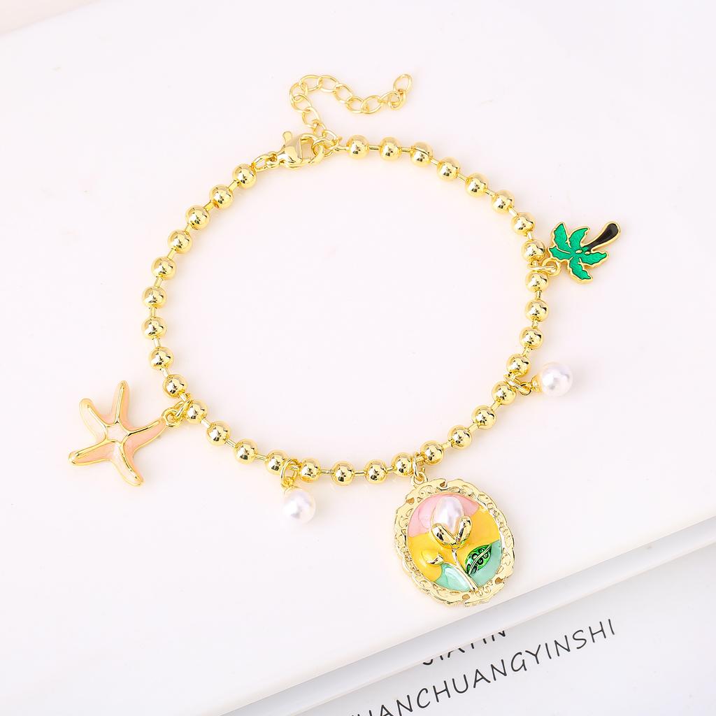Gold-Plated Starfish Coconut Tree Flower Copper Bead Chain Bracelet Fashion for Women Girls Party Vacation Beach Jewelry Gift