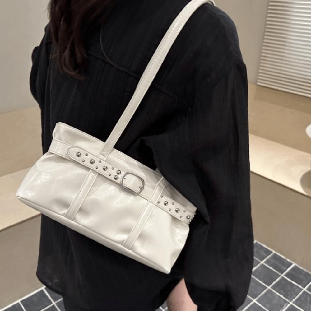 Rivet Belt Buckle Underarm Bag Large Capacity Tote Bag Simple PU LeatherShoulder Bag Casual Style