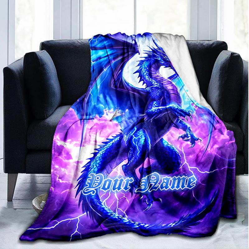 1PC Custom Name Blue Dragon Thunderstorm Outdooor Flannel Blankets Patterns Throw Blanket All-Season Soft Gift for Couch, Bed, Camping Gifts
