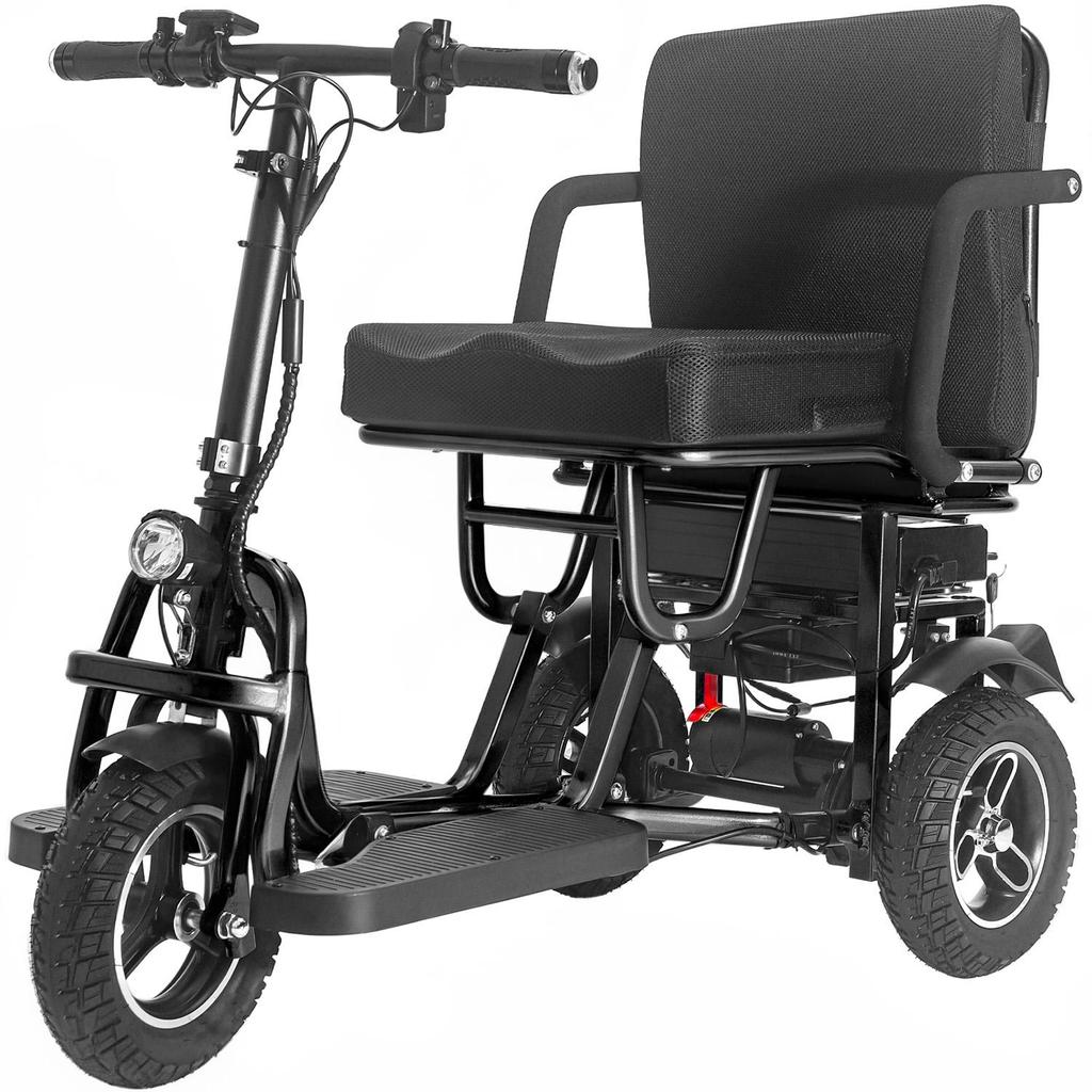 Přenosný skládací elektrický skútr červený, se 3 koly, dvěma motory