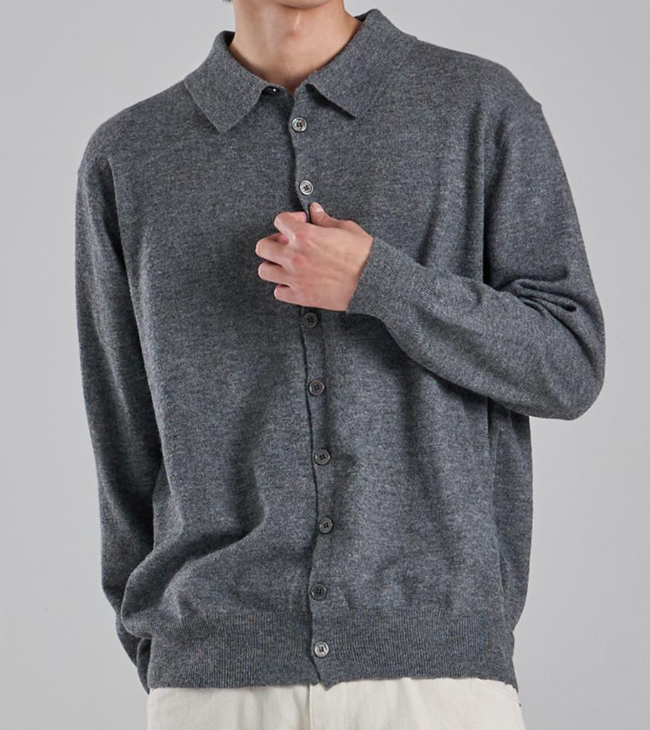 Button Seoul Wool Blend Collared Knit Cardigan (Gray)