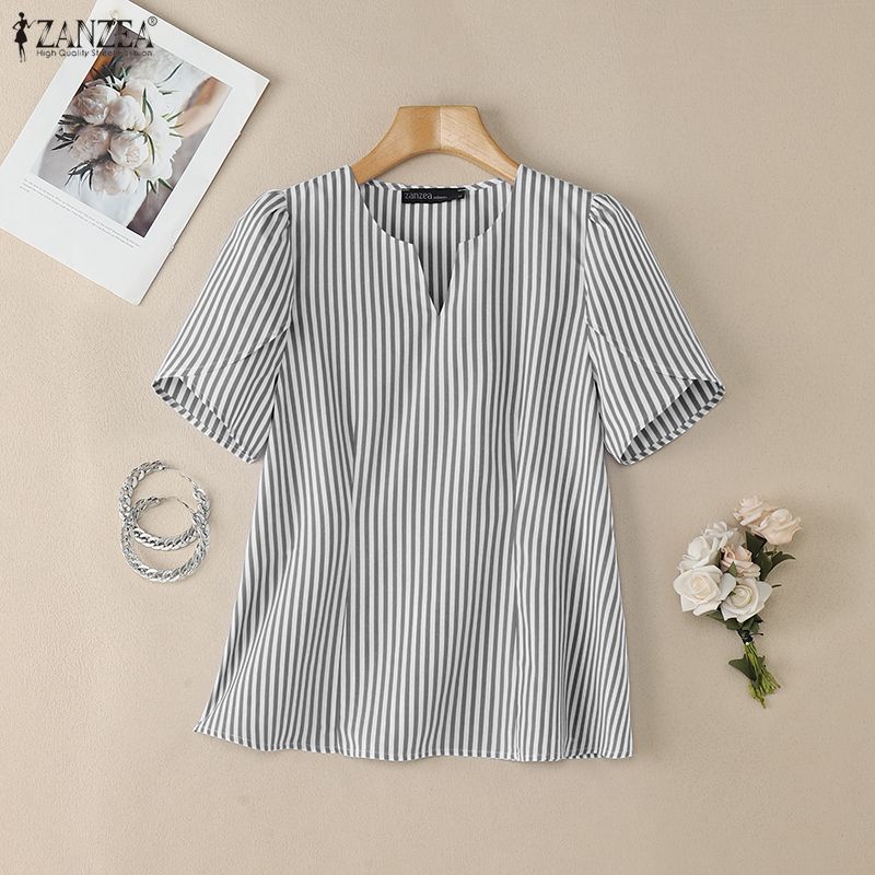 ZANZEA Women Casual V-Neck Loose Short Sleeve Stripe Blouse