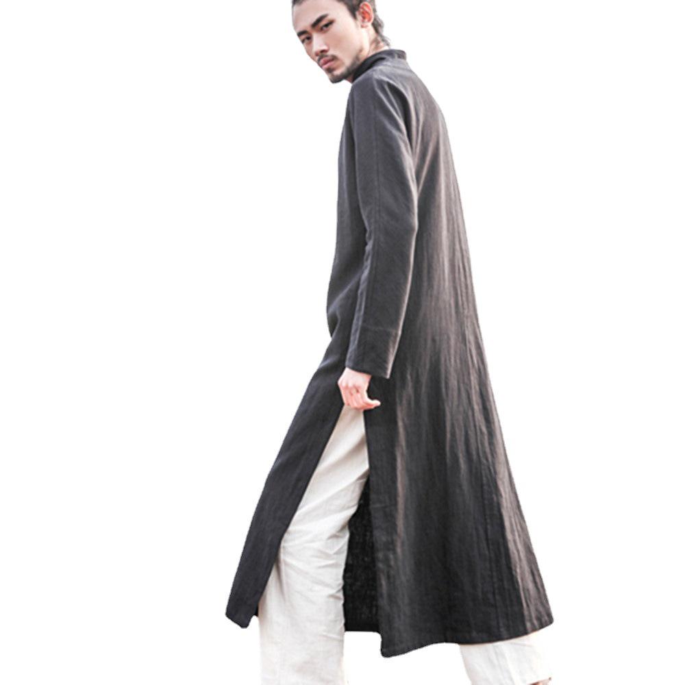 Ležérní dlouhé šaty Hanfu ve stylu éry Republiky, taoistický lněný župan s pan sponou a měděnými knoflíky