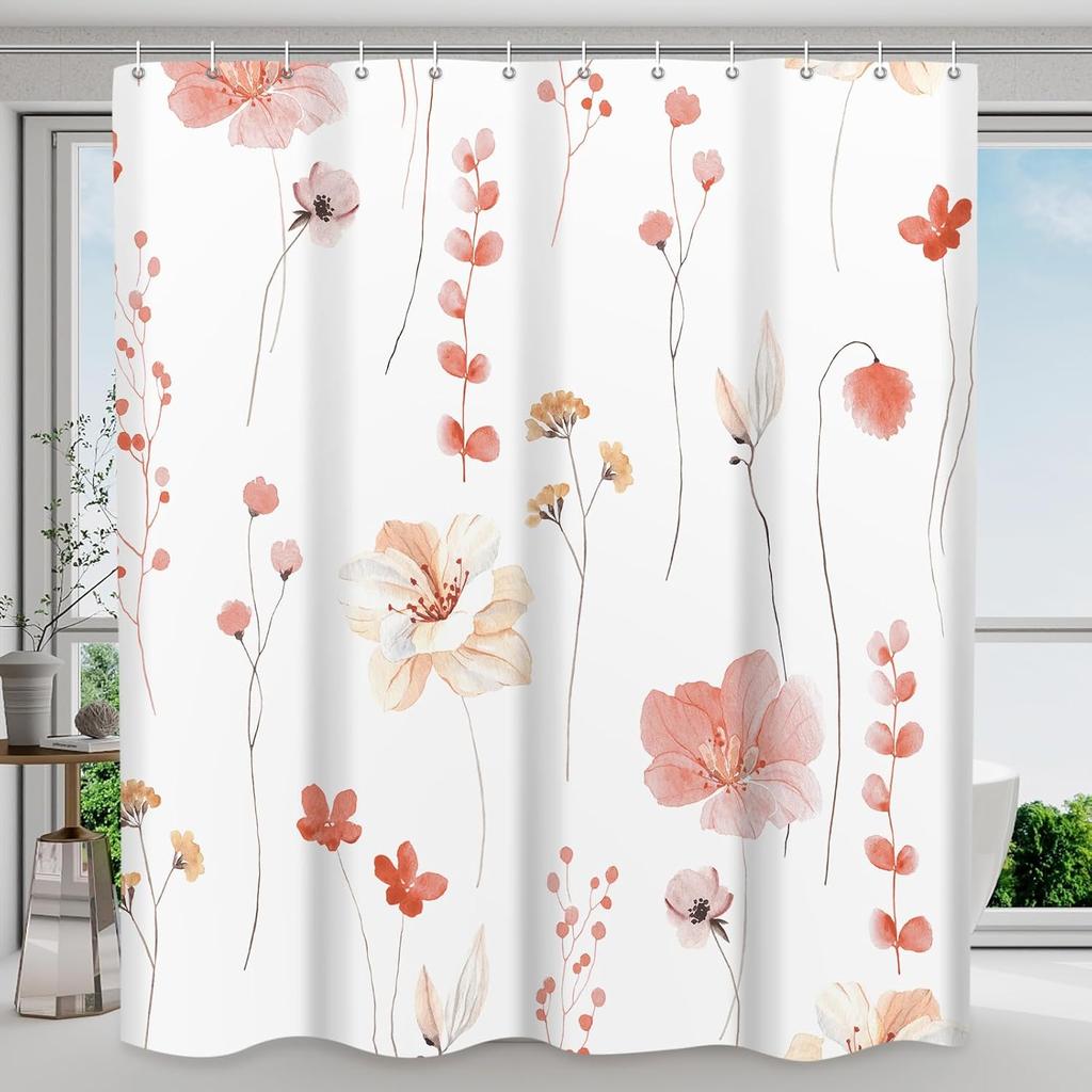 Shower Curtain Watercolor Flower Shower Curtain Sets - Spring Burnt-Orange Floral Plant Shower Curtains for Bathroom