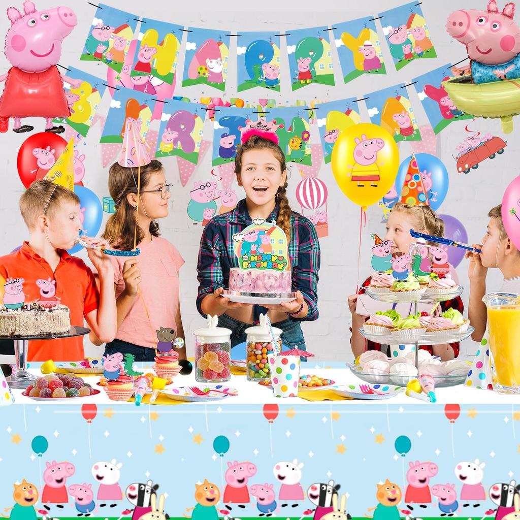 35Pcs Cartoon Party Decorations Set, Cartoon Birthday Party Supplies-Cartoon Birthday Decors Banners Tablecloth Spirals&Cartoon Balloons Cake Toppers