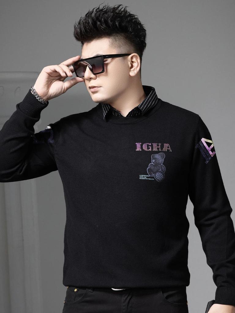 European-Style Fake Two-Piece Sweater for Men, 2025 Autumn and Winter New Trendy Brand Bear Print Round Neck Knitted Base Shirt for Men