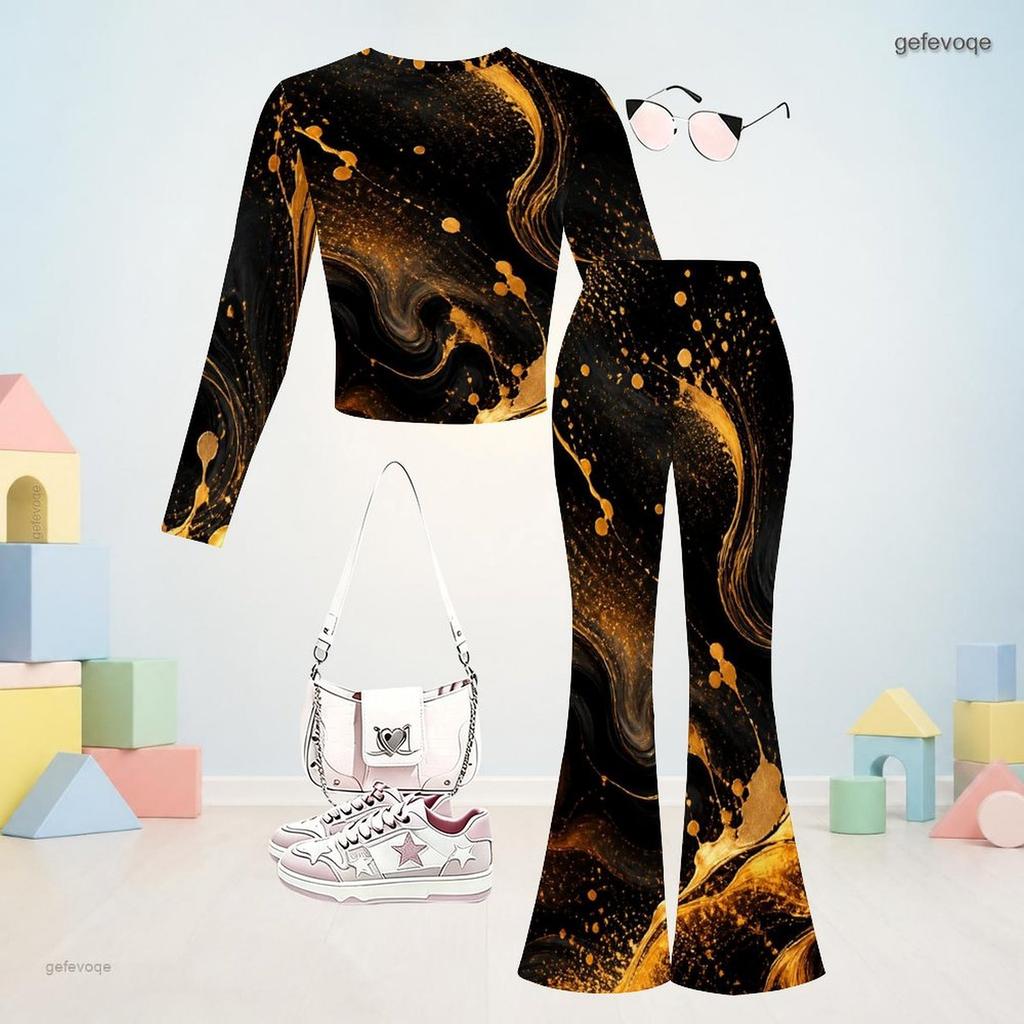 Girls Round Neck Long Sleeve Printed Crop Top Flared Pants Two Piece Set