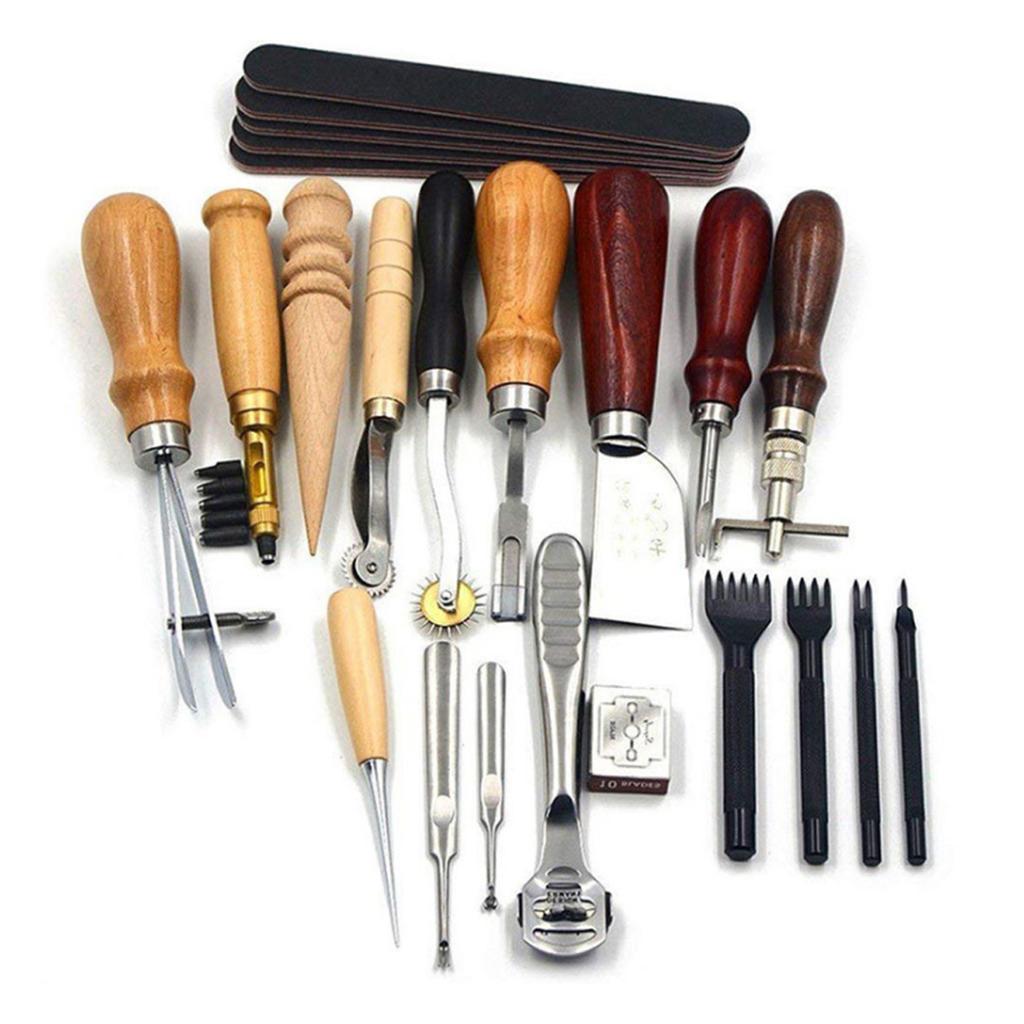 19pcs Set Leather Craft Punch Tools Leathercraft Stitching Carving DIY Handmade Groover